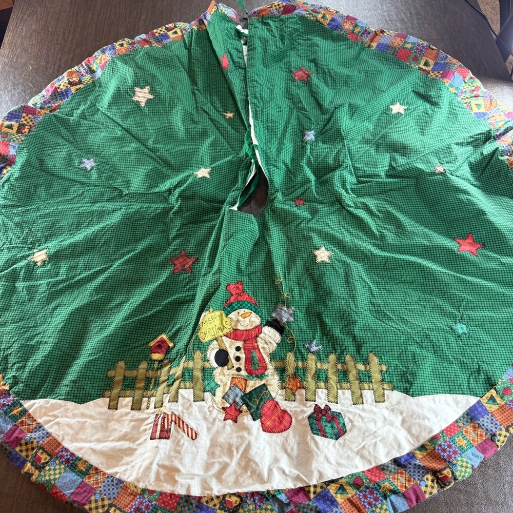 Festive Green Christmas Tree Skirt with Snowman Design